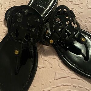 Tory Burch Black Patent Logo Thong Sandals with Gold Accents